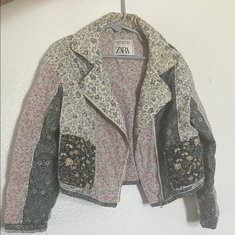 Zara Kids Floral Patchwork Motorcycle Jacket - Blue, Pink, Cream